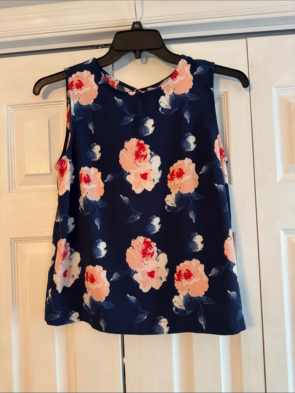 Sleeveless Navy Floral Blouse with Pink Blooms
